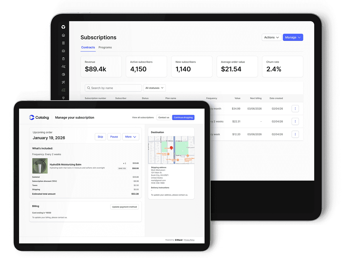 Stord Subscriptions dashboard and subscriber self-service portal on iPad