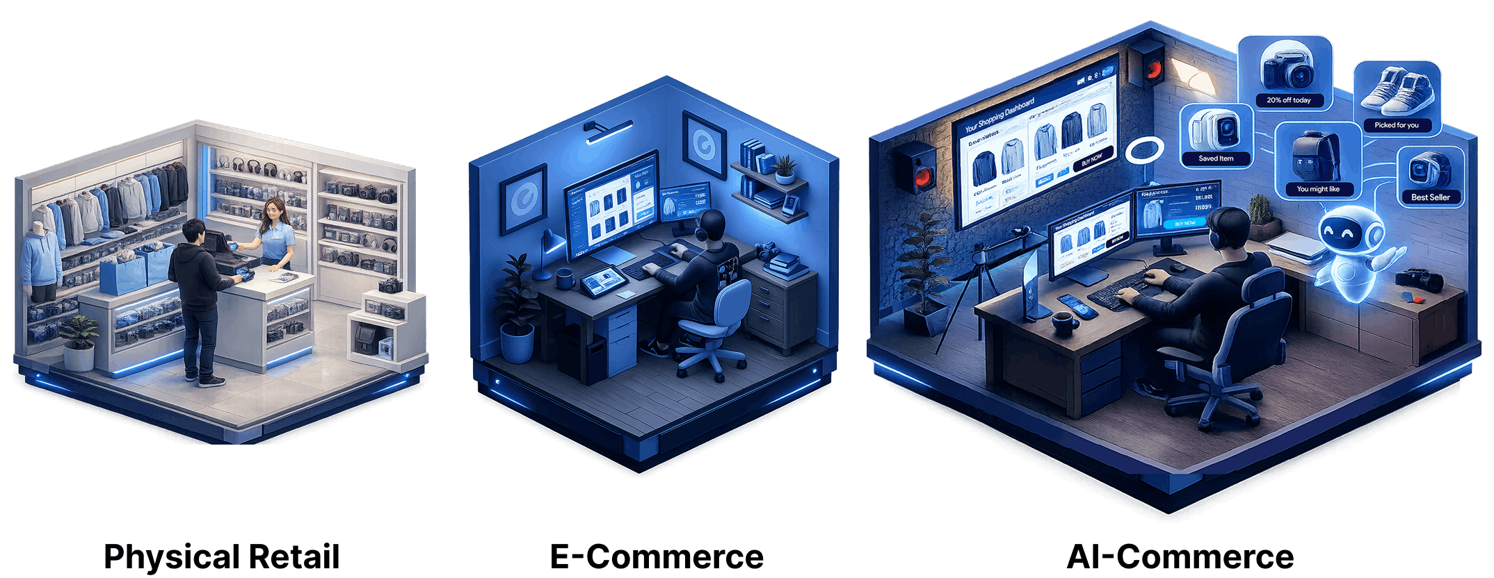 Physical Retail vs E-Commerce vs AI-Commerce comparison